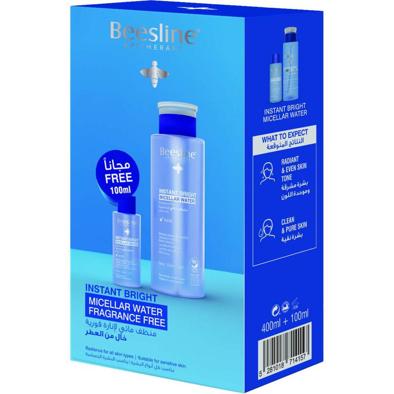 Beesline Instant Bright Micellar Water Makeup Remover Radiance For All Skin Types Promo Pack (400 ml + 100 ml) 