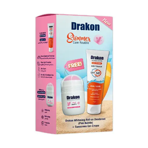 [koz2857] Drakon Roll-On Deodorant  Pink Bubble& Sunscreen Gel Cream 50ml + 60 gm | Dry Touch SPF50+ UVA/UVB | all Skin Type Promopack