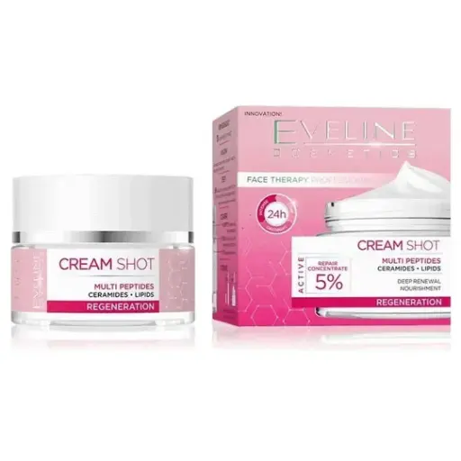 [koz3471] Eveline Cosmetics Regenerating Cream Shot with 5% Repair Concentrate for Dry and Ageing Skin - Biomimetic Peptides, Ceramides, Natural Oils - Day & Night Cream 50ml